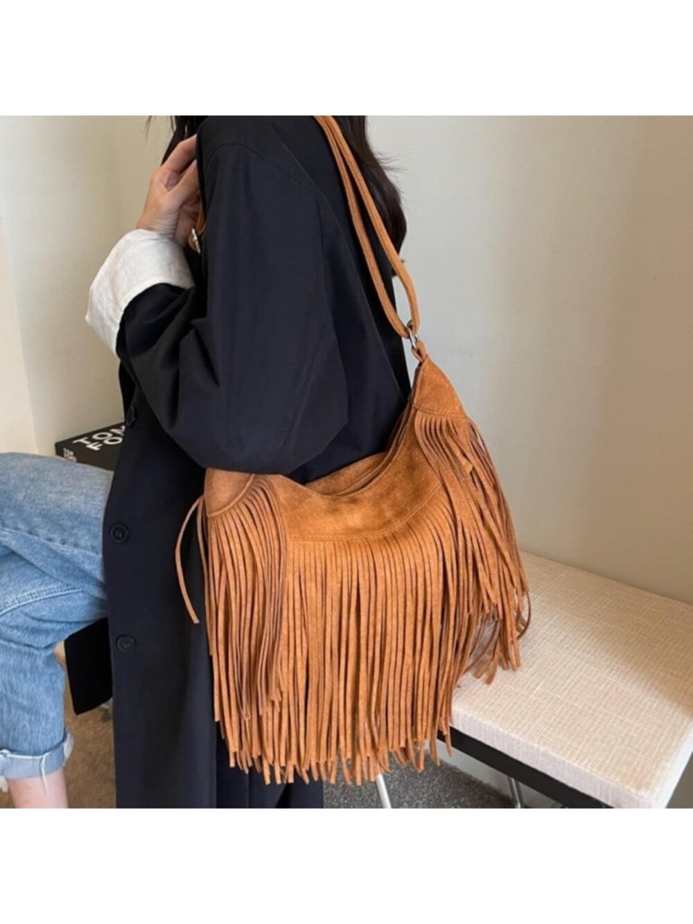 Vintage Suede Fringe Hobo Tote Bag | Boho Chic Crossbody Purse for Women - Picture 4 of 8